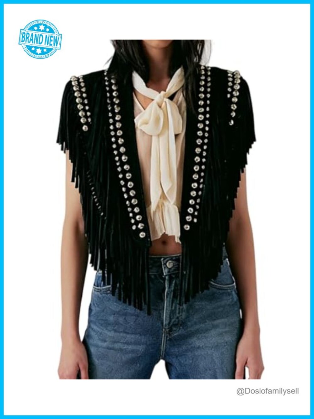 Faux Suede Studded Fringe Vest Open Front Wrap Poncho One Size